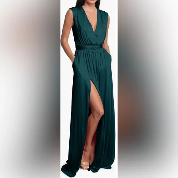 open lace back dress Dress the Population Women's Krista V Neck Tie Waist Coated Jersey Slit  Front Maxi Dress, White, X-Small : Buy Online at Best Price in KSA